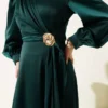 Rose Buckle Satin Evening Dress Emerald en gros dress view 4 - Hicabistan usine Turquie