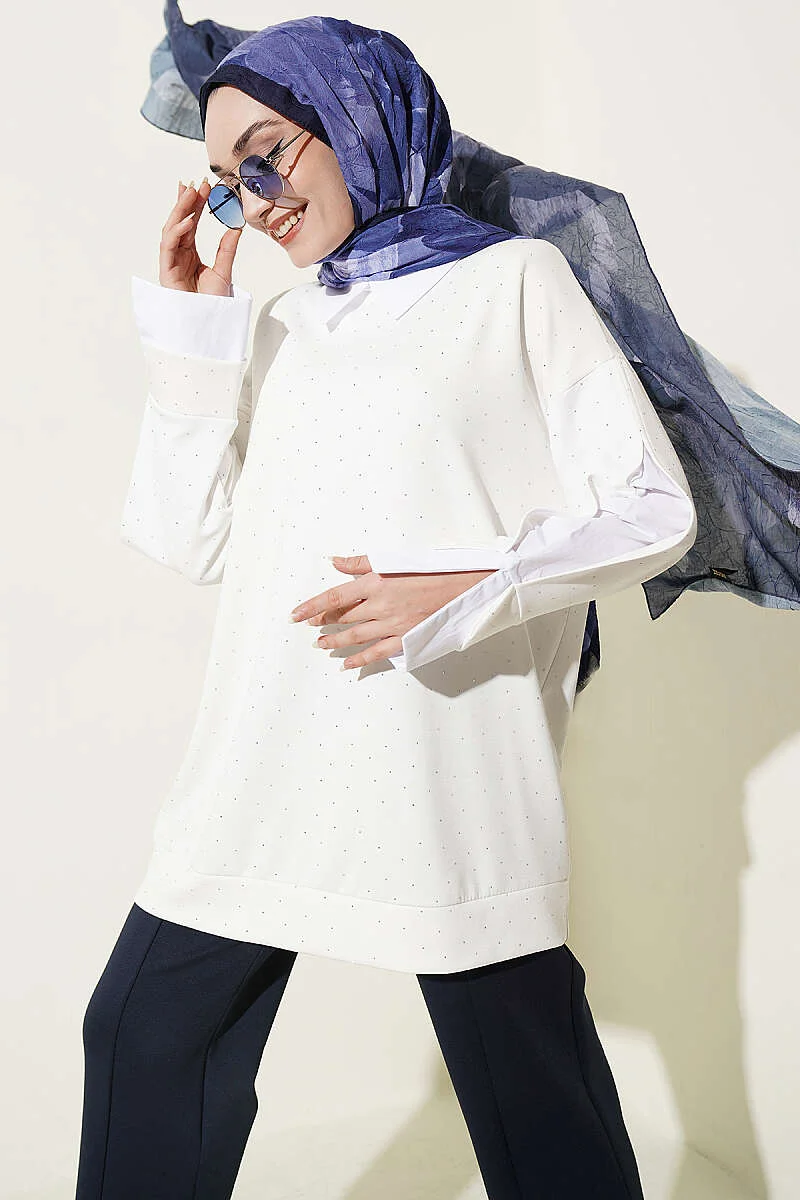 Shirt Panel Stone Embellished Tunic Ecru