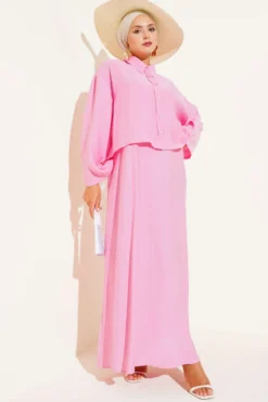 Shirt Collar Buttoned Jumper Set Pink wholesale clothing set view 2 - Hicabistan Turkey factory
