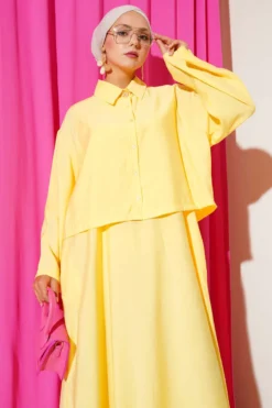 Shirt Collar Buttoned Jumper Set Yellow wholesale clothing set view 2 - Hicabistan Turkey factory