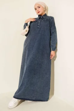 Shirt Collar Buttoned Denim Dress Dark Blue all'ingrosso dress - Hicabistan fabbrica Turchia