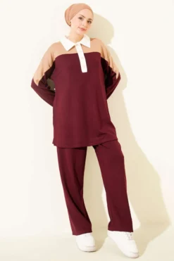 Shirt Collar Buttoned Two-Piece Set Burgundy wholesale clothing set - Hicabistan Turkey factory