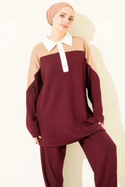 Shirt Collar Buttoned Two-Piece Set Burgundy wholesale clothing set view 2 - Hicabistan Turkey factory