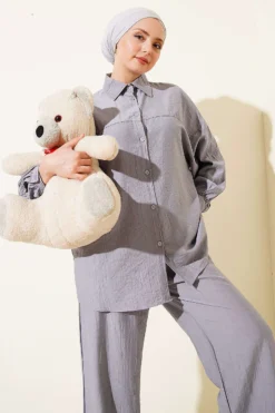 Shirt Collar Stitch Detail Two-Piece Set Grey wholesale clothing set view 2 - Hicabistan Turkey factory