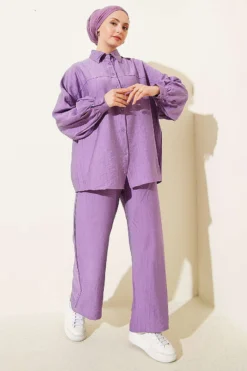 Shirt Collar Stitch Detail Two-Piece Set Lilac wholesale clothing set view 2 - Hicabistan Turkey factory