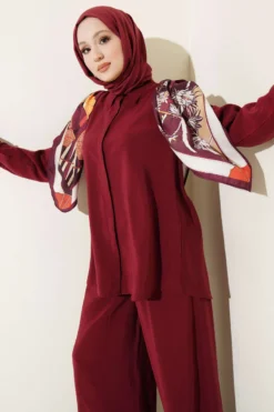 Shirt Collar Scarf Detailed Two-Piece Set Burgundy all'ingrosso clothing set view 2 - Hicabistan fabbrica Turchia