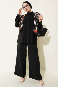Shirt Collar Scarf Detailed Two-Piece Set Black all'ingrosso clothing set view 2 - Hicabistan fabbrica Turchia