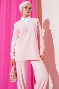 Shirt Collar Ribbed Loose Two-Piece Set Pink wholesale clothing set view 2 - Hicabistan Turkey factory