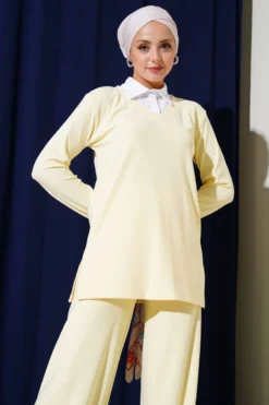 Shirt Collar Ribbed Loose Two-Piece Set Yellow wholesale clothing set view 2 - Hicabistan Turkey factory