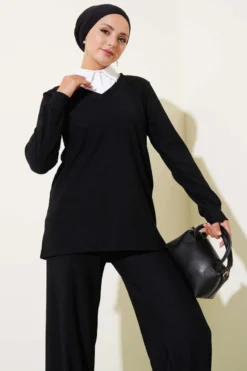 Shirt Collar Ribbed Loose Two-Piece Set Black wholesale clothing set view 2 - Hicabistan Turkey factory