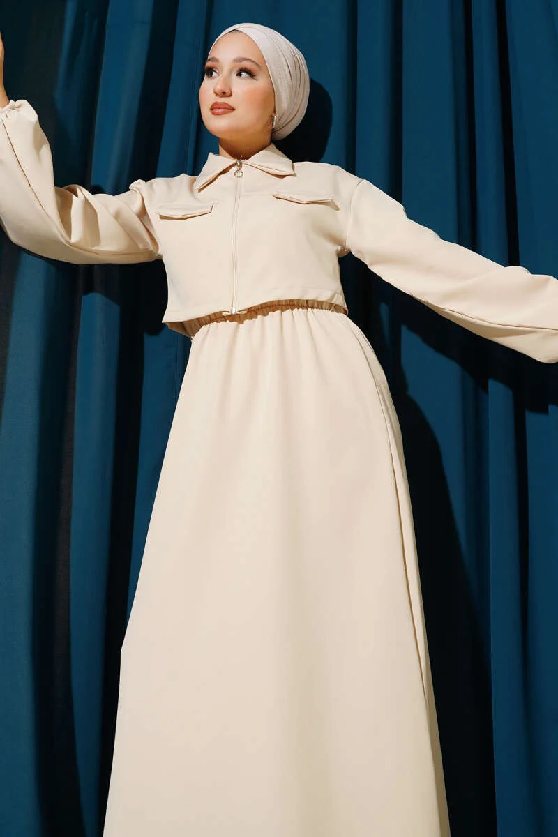 Shirt Collar Zipper Front Dress Set Beige en gros clothing set view 2 - Hicabistan usine Turquie