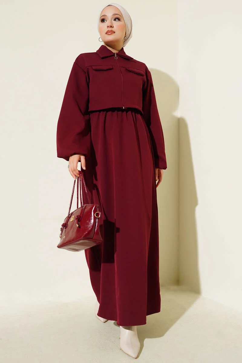 Shirt Collar Zipper Front Dress Set Burgundy Großhandel clothing set - Hicabistan Türkei Fabrik