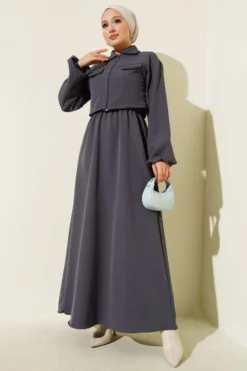 Shirt Collar Zipper Front Dress Set