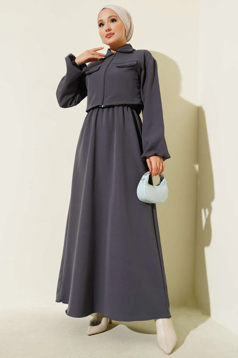 Shirt Collar Zipper Front Dress Set all'ingrosso clothing set - Hicabistan fabbrica Turchia