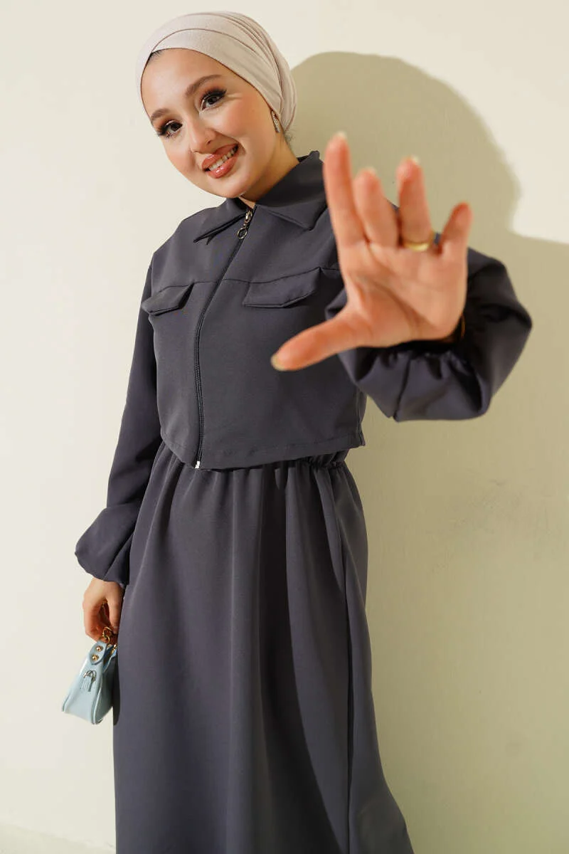 Shirt Collar Zipper Front Dress Set all'ingrosso clothing set view 2 - Hicabistan fabbrica Turchia
