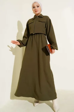 Shirt Collar Zipper Front Dress Set Khaki