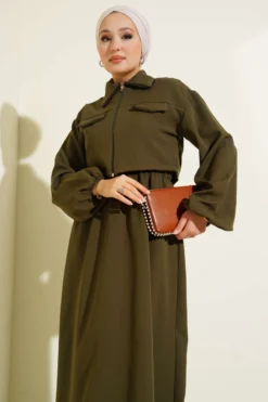 Alternative view of Shirt Collar Zipper Front Dress Set Khaki