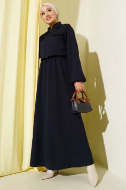 Shirt Collar Zipper Front Dress Set Navy Blue