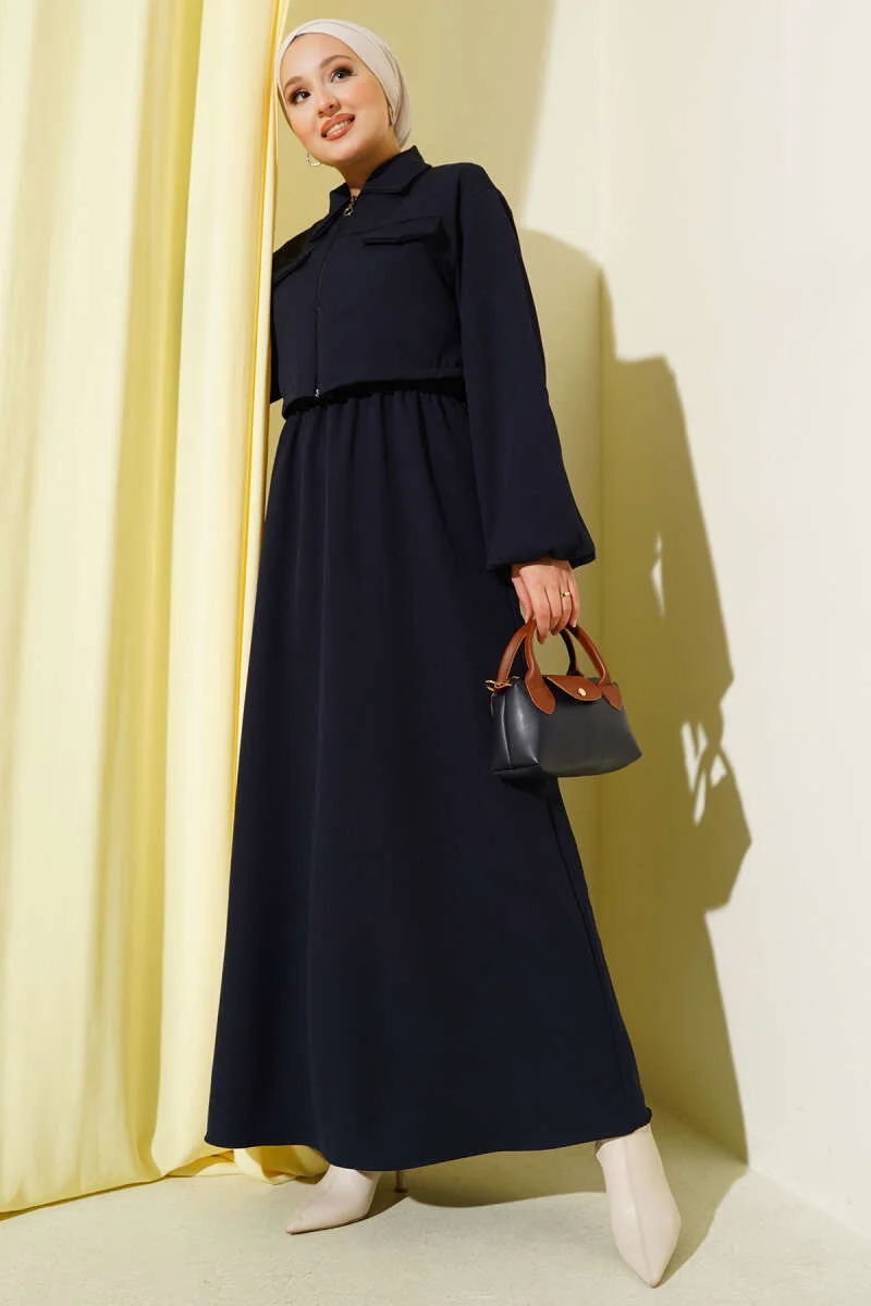 Shirt Collar Zipper Front Dress Set Navy Blue Großhandel clothing set - Hicabistan Türkei Fabrik