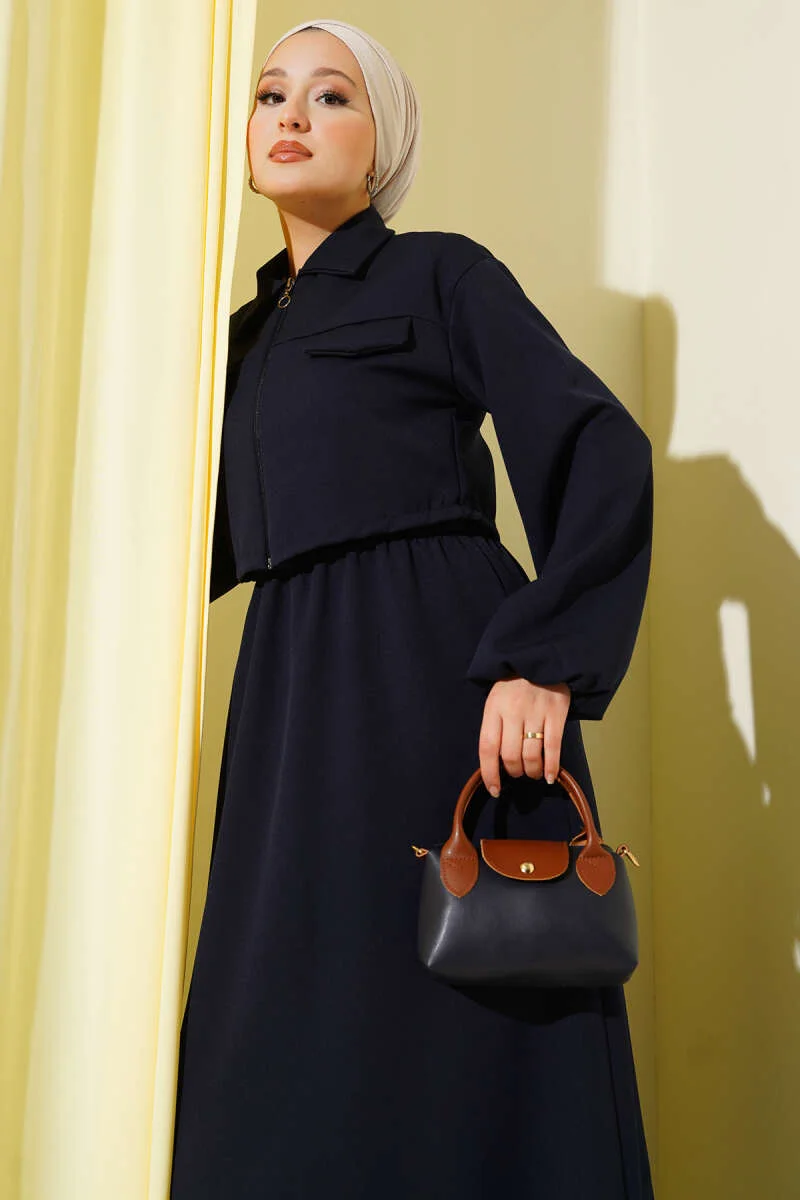 Shirt Collar Zipper Front Dress Set Navy Blue Großhandel clothing set view 2 - Hicabistan Türkei Fabrik