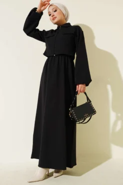 Shirt Collar Zipper Front Dress Set Black