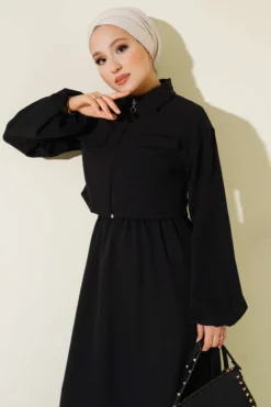 Alternative view of Shirt Collar Zipper Front Dress Set Black