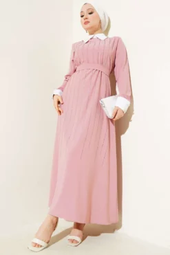Shirt Collar Stone Embellished Dress Powder Pink