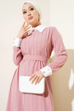 Alternative view of Shirt Collar Stone Embellished Dress Powder Pink