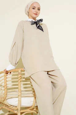 Shirt Collar Stone Embellished Loose Two-Piece Set Beige wholesale clothing set view 2 - Hicabistan Turkey factory