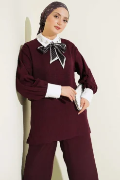 Shirt Collar Stone Embellished Loose Two-Piece Set Plum wholesale clothing set view 2 - Hicabistan Turkey factory