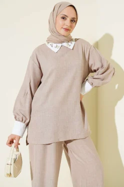 Shirt Collar Stone Embellished Loose Two-Piece Set Powder Pink wholesale clothing set view 2 - Hicabistan Turkey factory