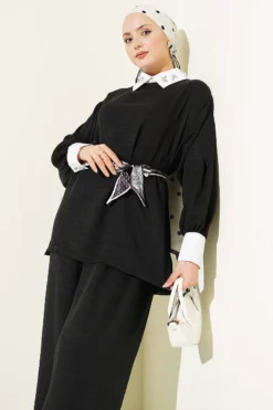 Shirt Collar Stone Embellished Loose Two-Piece Set Black wholesale clothing set view 2 - Hicabistan Turkey factory