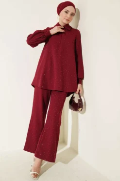 Shirt Collar Stone Embellished Two-Piece Set Burgundy all'ingrosso clothing set view 2 - Hicabistan fabbrica Turchia