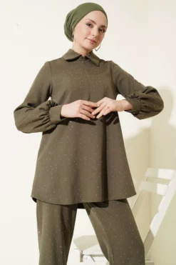 Shirt Collar Stone Embellished Two-Piece Set Khaki all'ingrosso clothing set view 2 - Hicabistan fabbrica Turchia