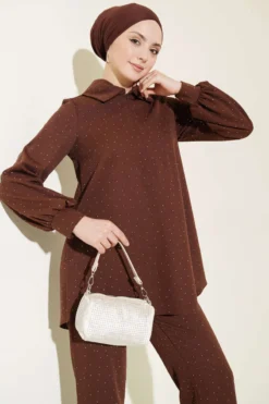 Shirt Collar Stone Embellished Two-Piece Set Brown all'ingrosso clothing set view 2 - Hicabistan fabbrica Turchia