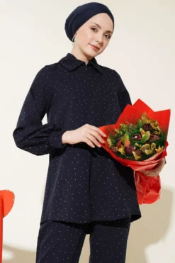 Shirt Collar Stone Embellished Two-Piece Set Navy Blue all'ingrosso clothing set view 2 - Hicabistan fabbrica Turchia