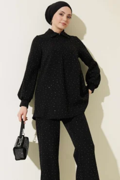 Shirt Collar Stone Embellished Two-Piece Set Black all'ingrosso clothing set view 2 - Hicabistan fabbrica Turchia