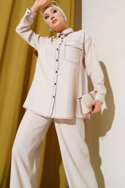 Alternative view of Shirt Collar Single Pocket Two-Piece Set Beige
