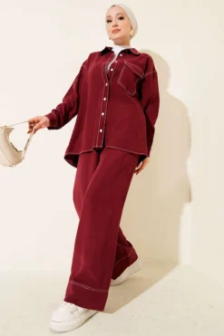 Shirt Collar Single Pocket Two-Piece Set Burgundy all'ingrosso clothing set view 2 - Hicabistan fabbrica Turchia