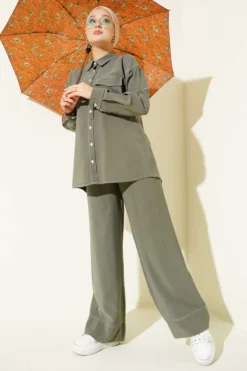Alternative view of Shirt Collar Single Pocket Two-Piece Set Khaki