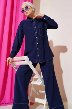 Shirt Collar Single Pocket Two-Piece Set Navy Blue
