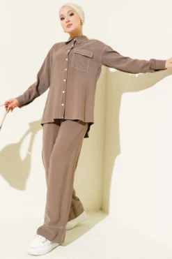 Shirt Collar Single Pocket Two-Piece Set Mink
