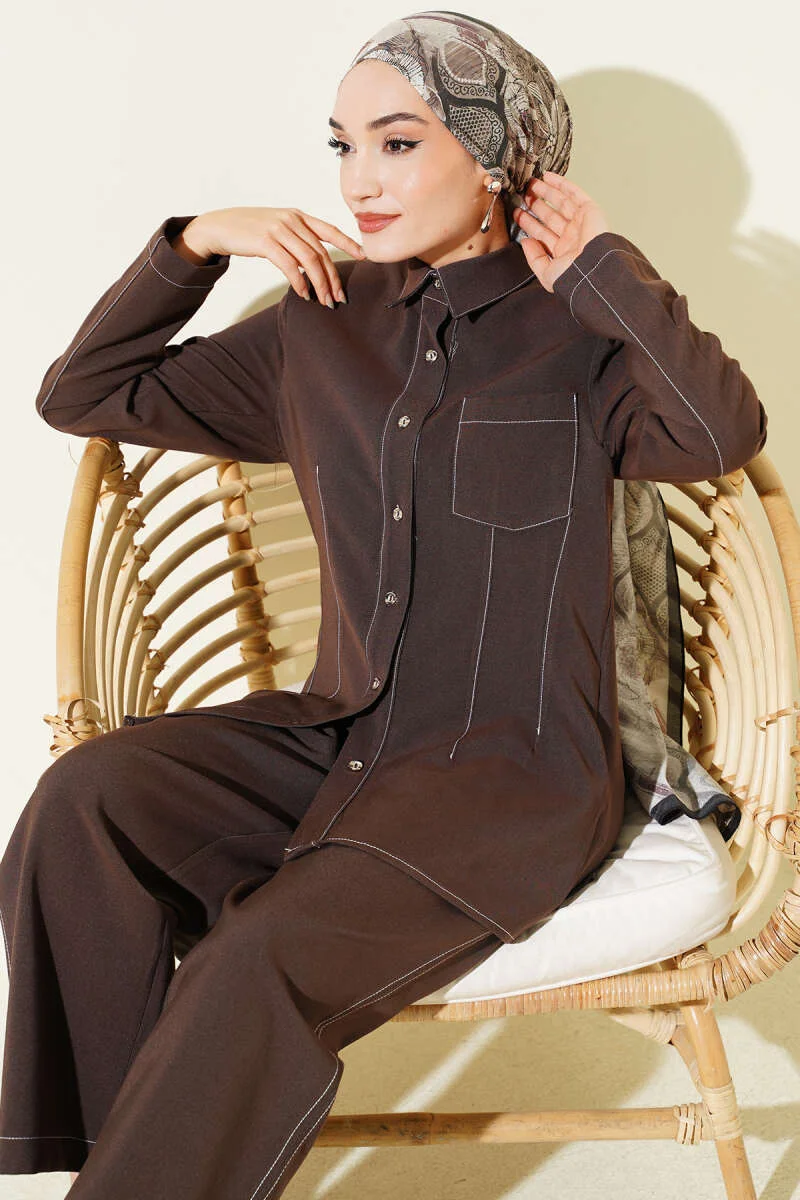 Shirt Collar Single Pocket Set Brown al por mayor clothing set view 2 - Hicabistan fábrica Turquía