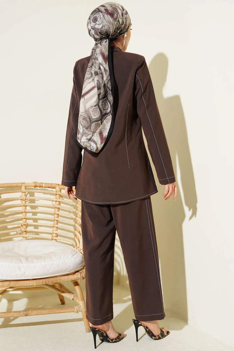 Shirt Collar Single Pocket Set Brown al por mayor clothing set view 3 - Hicabistan fábrica Turquía