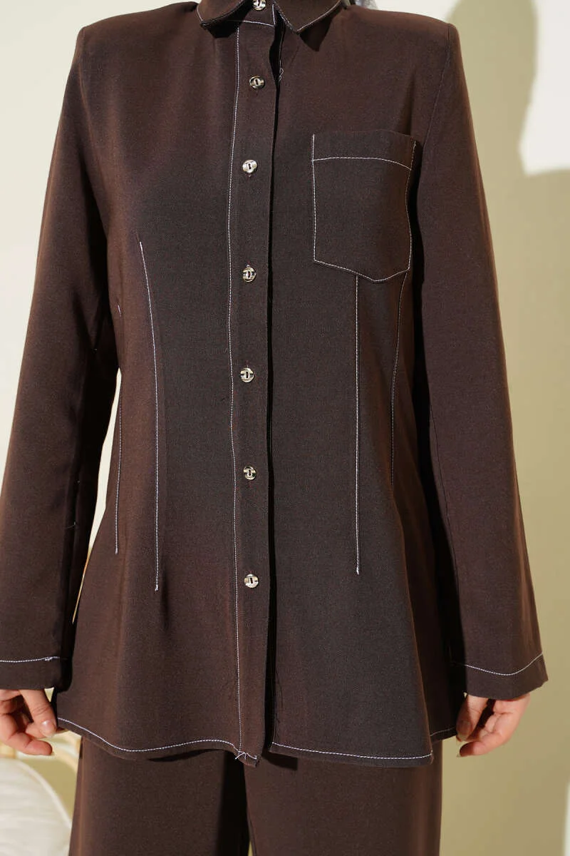 Shirt Collar Single Pocket Set Brown al por mayor clothing set view 4 - Hicabistan fábrica Turquía