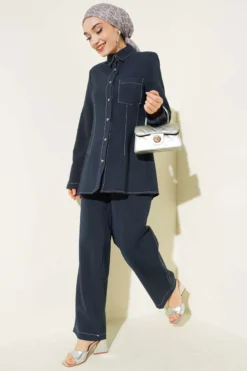 Shirt Collar Single Pocket Set Navy Blue