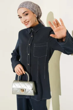 Alternative view of Shirt Collar Single Pocket Set Navy Blue