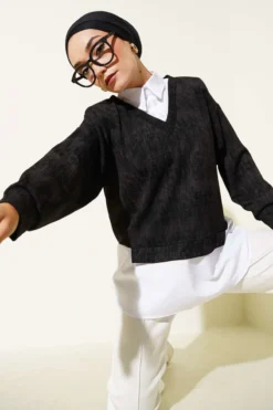 Shirt Collar Granulated Tunic Black groothandel tunic - Hicabistan Turkije fabriek