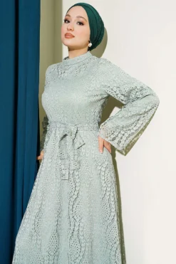 Lace Belted Flared Dress Mint groothandel dress view 2 - Hicabistan Turkije fabriek