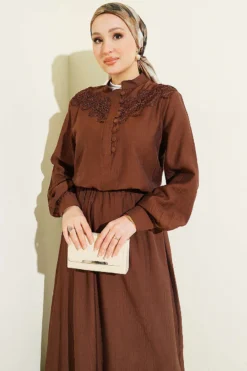 Lace Half Brit Buttoned Skirt Set Brown بالجملة clothing set view 2 - Hicabistan مصنع تركيا